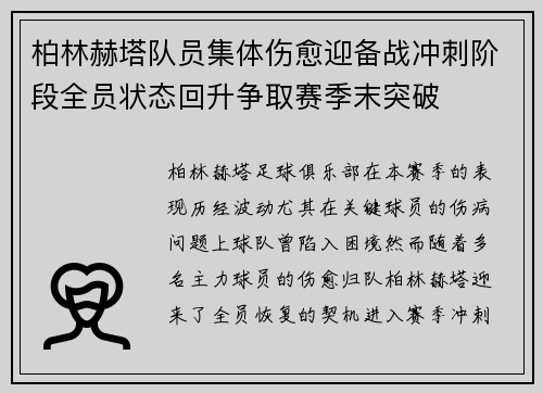柏林赫塔队员集体伤愈迎备战冲刺阶段全员状态回升争取赛季末突破