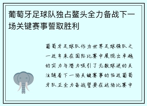 葡萄牙足球队独占鳌头全力备战下一场关键赛事誓取胜利