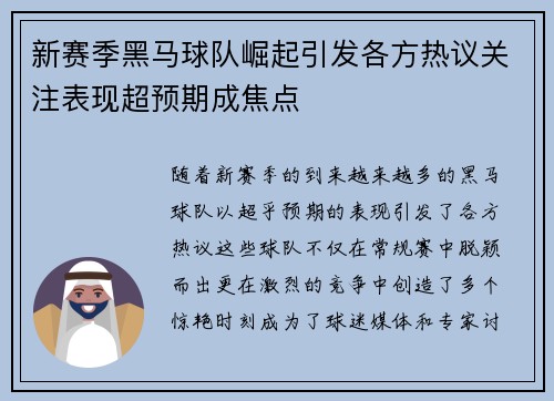新赛季黑马球队崛起引发各方热议关注表现超预期成焦点