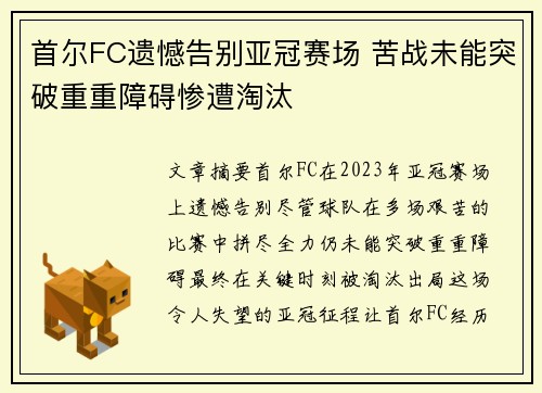 首尔FC遗憾告别亚冠赛场 苦战未能突破重重障碍惨遭淘汰