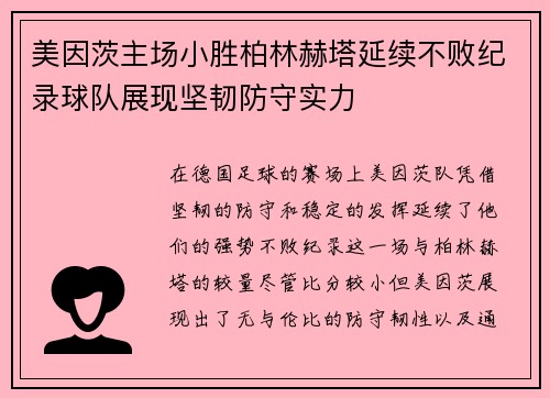 美因茨主场小胜柏林赫塔延续不败纪录球队展现坚韧防守实力